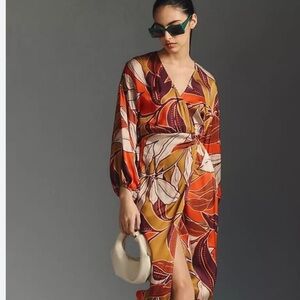 Anthropologie Satin Gold orange printed  Midi dress XL